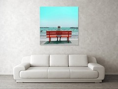 Special Price!!Photograph Solitude on the Beach Red Bench Acrylic Glass 95×95 cm