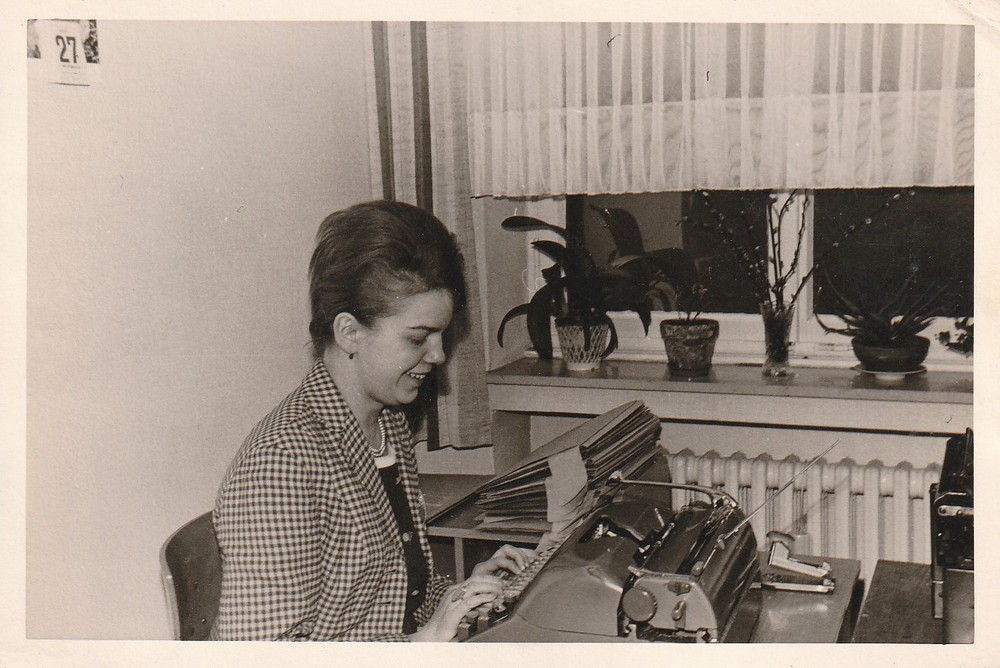 Vintage Photo Pretty Woman in Office Typewriter Snapshot 1960s
