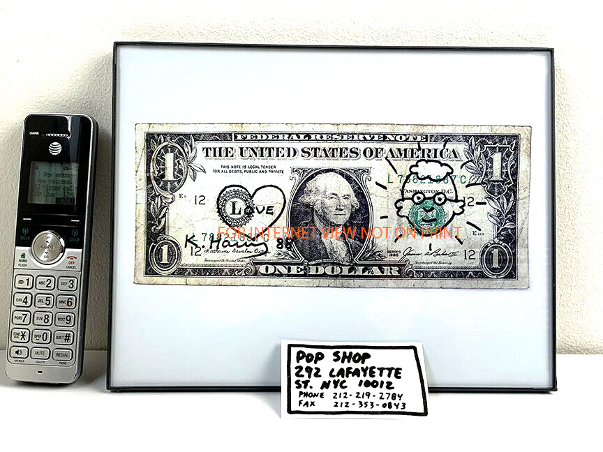Keith Haring Signed Dollar Bill + Self Portrait Repro + POP SHOP Biz Card