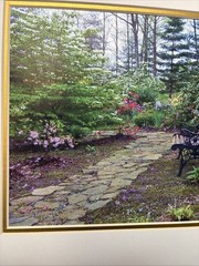 2003 Signed Vicki Hagan Photograph Garden Path Purple Flowers Bench No Frame