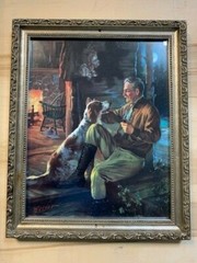 Picture Framed Glass Man at Cabin with his Dog 12″ x 14.75″ x 1″ (125)