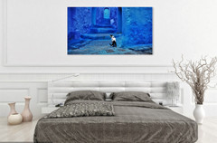 Cat in Blue City – Morocco Africa – on Canvas – Travel Pets Dogs Wall Art 24X36