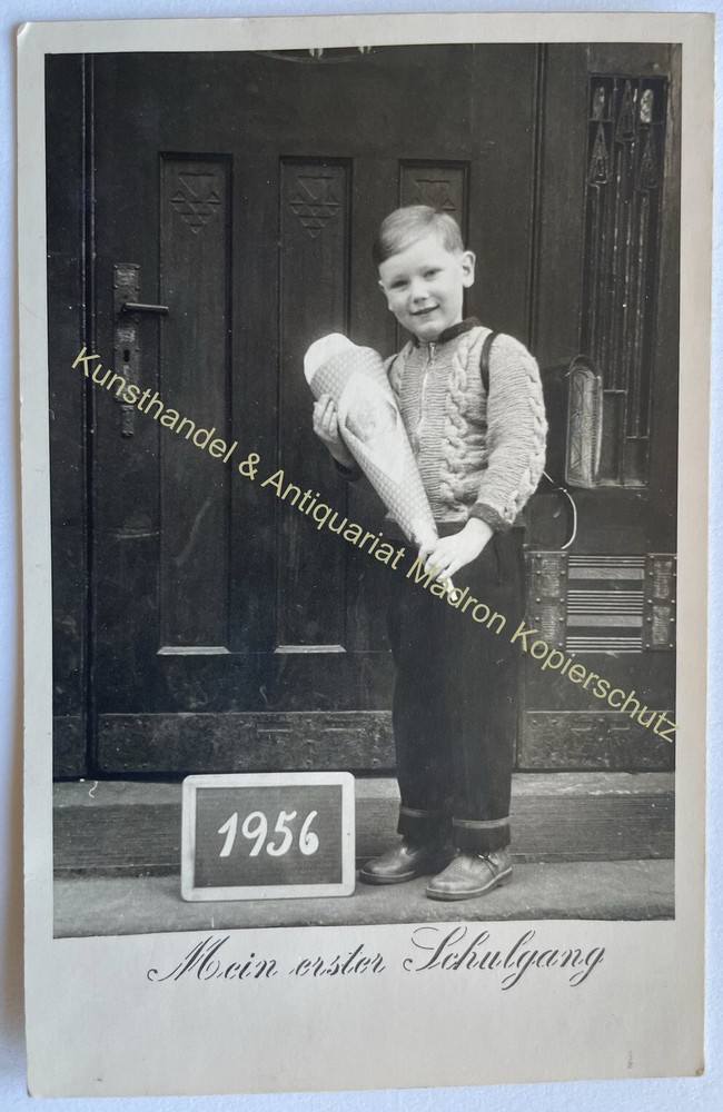 orig. Photo postcard child children fashion around 1956 boy school bag school enrollment