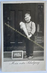 orig. Photo postcard child children fashion around 1956 boy school bag school enrollment