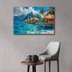 Beach Paradise Wall Art, Tropical Overwater Bungalows Painting, Coastal Seascape