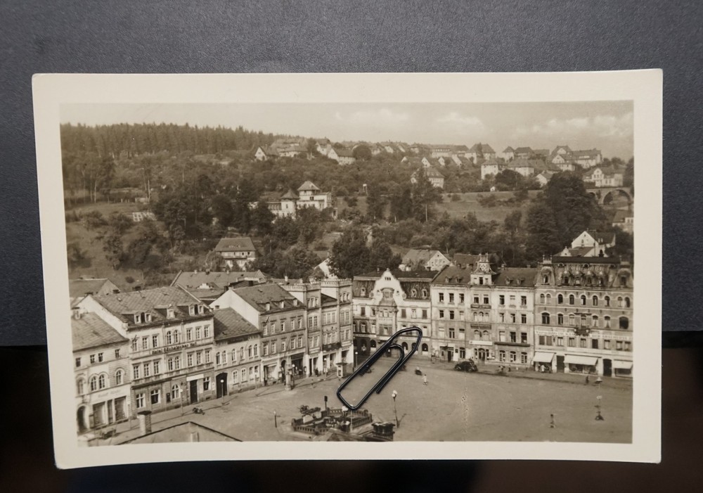 Photo postcard view GDR Sebnitz marketplace business house building aerial view PK