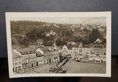 Photo postcard view GDR Sebnitz marketplace business house building aerial view PK