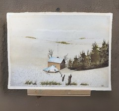 Landscape Scene Signed Litho MAKE OFFER 15×11” Wood Cabin Open Horizon Western