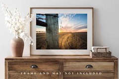 Fence Post Photography Print: Oklahoma Country Sunset Farm Western Sky Photo