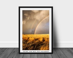 Sky Photography Print – Picture of Rainbow Ending in Golden Wheat Field Kansas