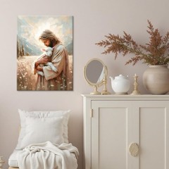 Jesus and Lamb Canvas Wall Art Christian Jesus the Good Shepherd Painting pic…