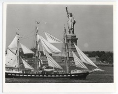 SAILING SHIPS N.Y.GOVERNORS ISLAND,STATUE OF LIBERTY. JULY 4TH,86. SILVER PRINT.