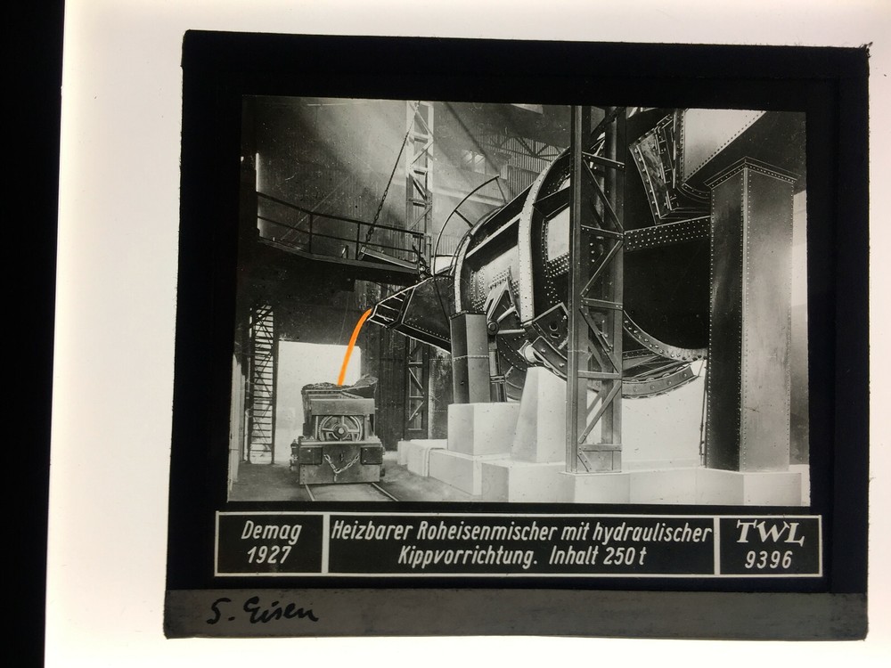 Original old glass slide/plate Demag pig iron mixer approx. 1927 8.5x10cm SW-