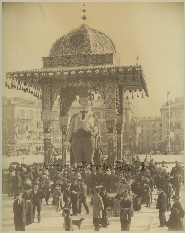 Nice France Carnival huge float crowds fun antique albumen art photo
