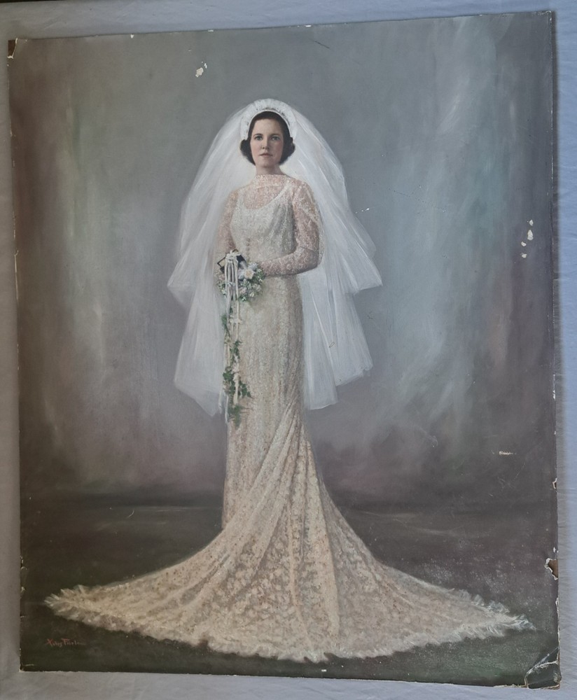 1940s 25×30 VTG Hand Colored Bridal Portrait Bride Wedding Canvas Board Signed