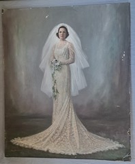1940s 25×30 VTG Hand Colored Bridal Portrait Bride Wedding Canvas Board Signed