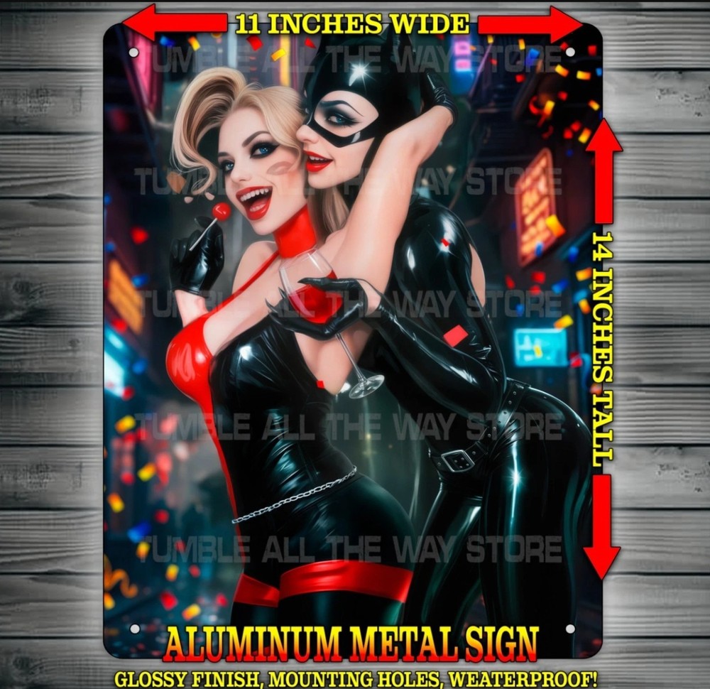 Sexy Harley Quinn and Catwoman Celebrating Metal Sign Wall Art 14″ x 11″