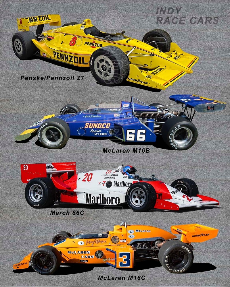 Penske Z7, McLaren M16B, March 86C, McLaren M16C Indy Race Car Photo CA2766