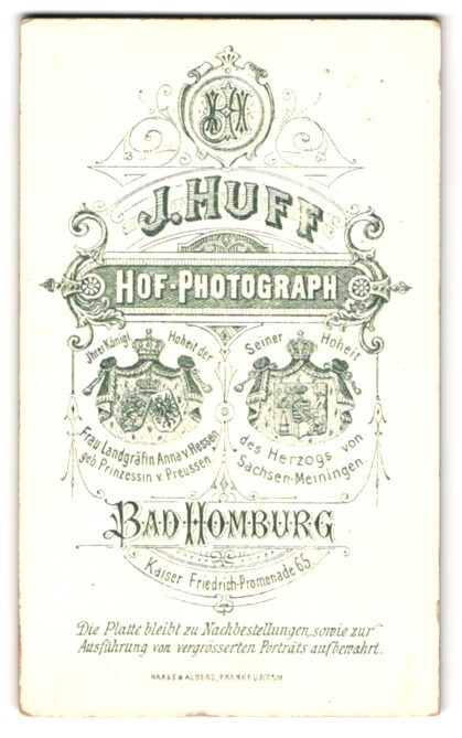 Photograph J. Huff, Bad Homburg, Kaiser Friedrich Promenade 65, coat of arms of Hesse and