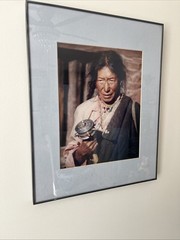 Framed And Matted Photograph Portrait Tibetan Woman Holding A Mani Wheel 20”x16”