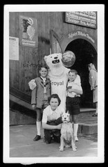 Bad Dürkheim – man in polar bear costume with family on giant barrel – photo postcard 9x14cm