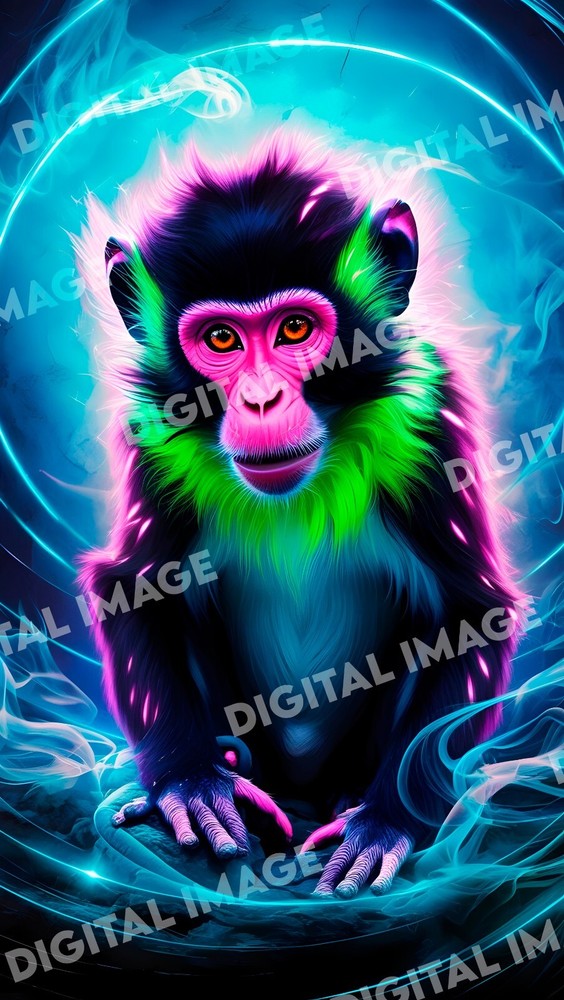 Digital Art AI Blacklight Monkey Surrealistic Monkey Futuristic Scene Futuristic