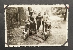 Photo portrait motorcycle moped GDR woman Saalfeld logo license plate picture man parade