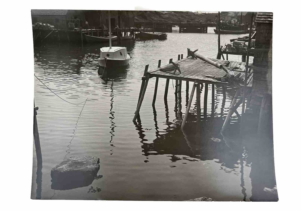 Vintage Large Black & White Photograph Photography Print Nautical Dock Sail Boat