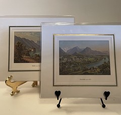 Set of 2 Lithograph Prints Interlaken, Chillon, Zurich, Switzerland Circa 1850