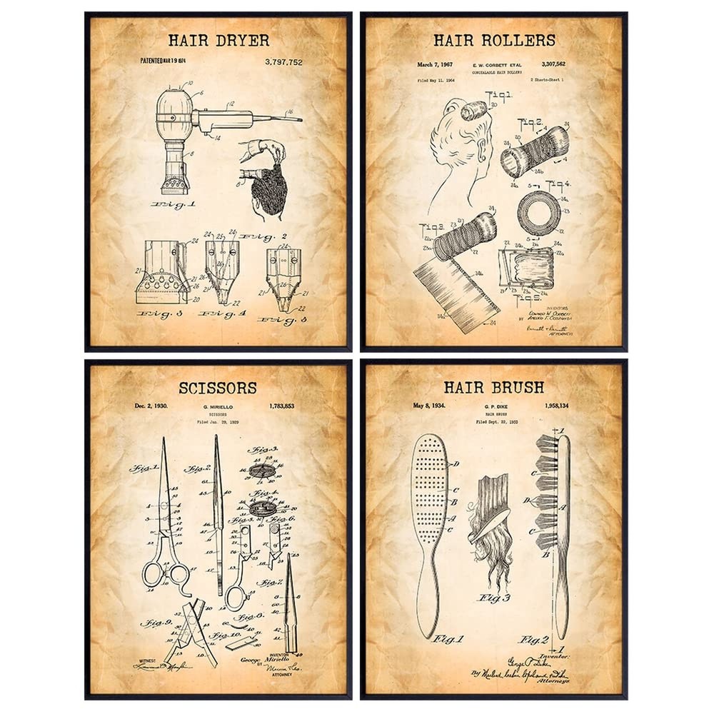 Beauty Salon Patent Art Prints – Vintage Wall Art Poster Set – Chic Rustic Ho…