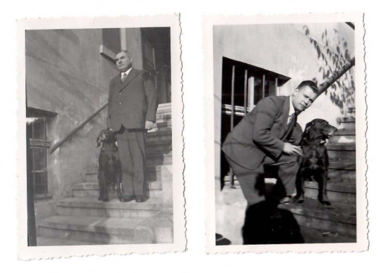 13652- 2 photos * men with dog * house entrance * 1950s