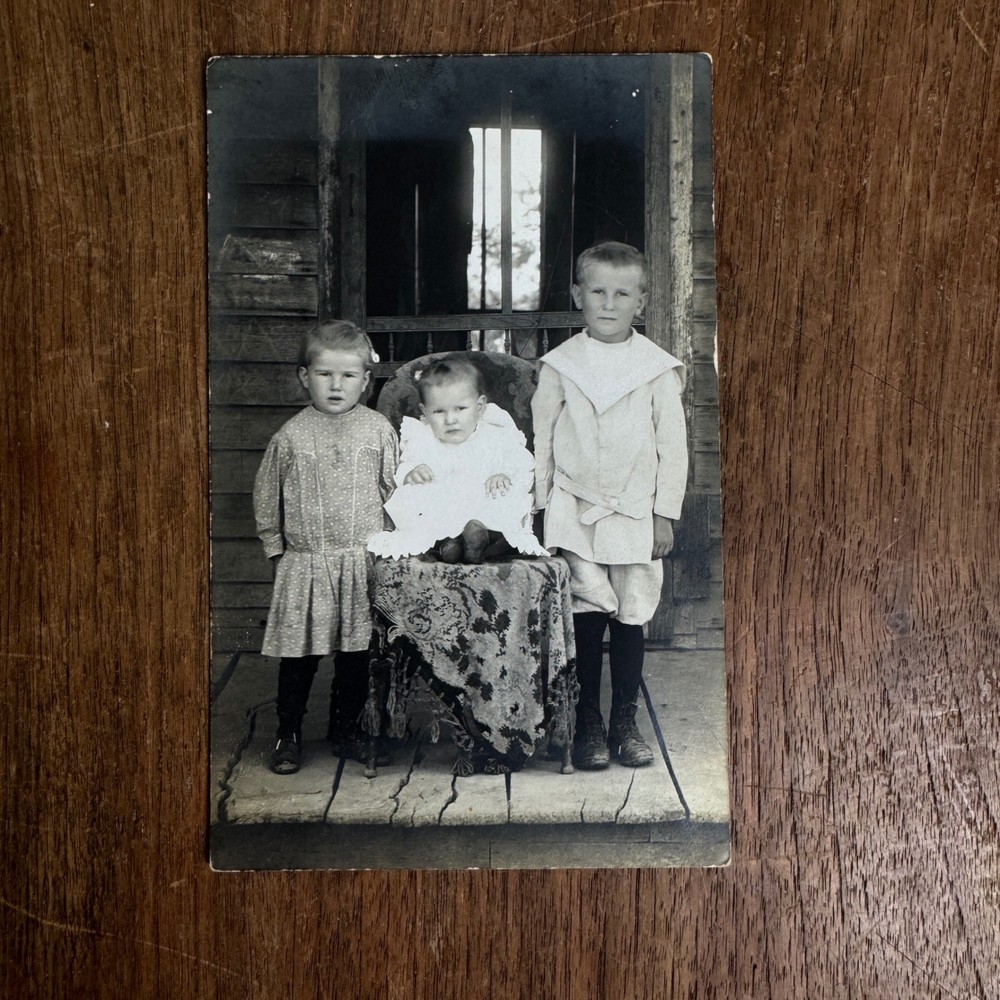 Antique Postcard Photograph Snapshot of three young kids on front porch