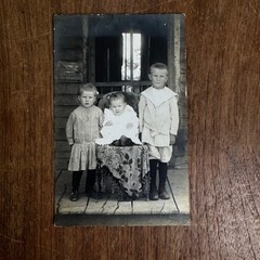 Antique Postcard Photograph Snapshot of three young kids on front porch