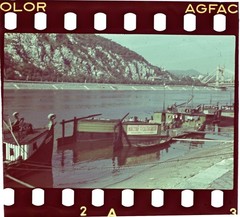 early AGFACOLOR slide, BUDAPEST, ship on Danube, old Elisabeth bridge, vintage