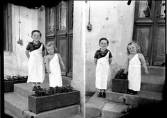 Portraits Children Apron Front House – Antique Negative Photo On. 1940