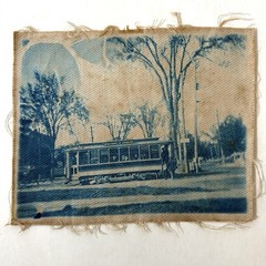 Antique Cyanotype Trolley Car Railway Streetcar Linen Fabric Photograph Blue Old