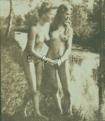 Org Antique B/W Nude Real Photo- Double Stereoscope- 2 Women- Hold Hand Outdoors