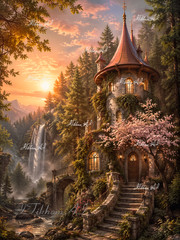 Digital Art Landscape House Trees Waterfoll Sunset Cherry Background Wallpaper