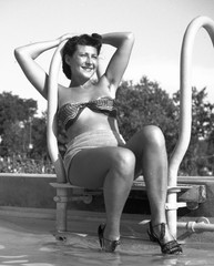 pretty woman smiling in swimsuit, strand, Budapest, by Szendrő (Szendro), origin