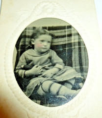 Antique Tin Type Photo Young Girl Child on Plaid Couch