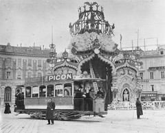 STEREO GLASS NEGATIVE tram w guide, PICON ad, carnival, conductor, NICE, vintage
