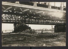 5 photographs view of Riga, blown up railway bridge with new bridge