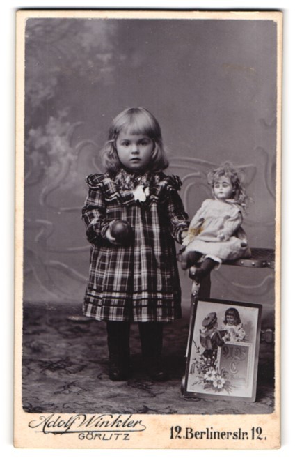 Photography Adolf Winkler, Görlitz, sweet girl in plaid dress with her P