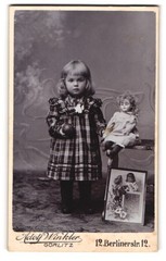 Photography Adolf Winkler, Görlitz, sweet girl in plaid dress with her P