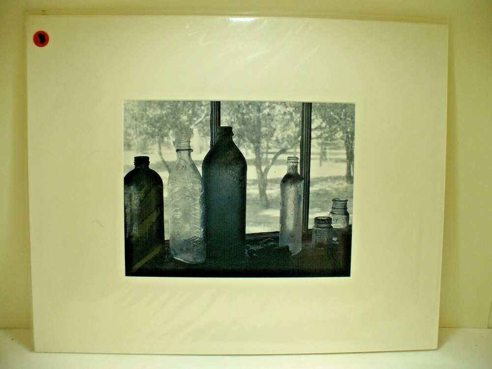 MATTED PHOTOGRAPHY Black and White Glass Bottles on Windowsill 20×16
