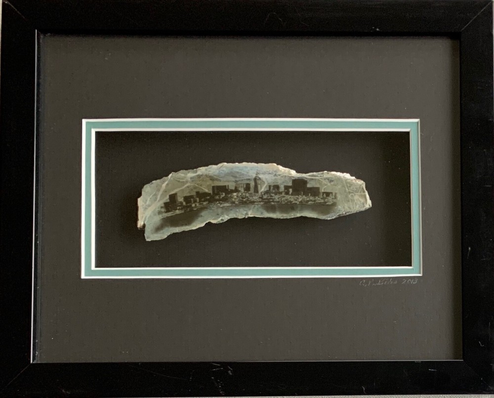Cynthia Biles – San Francisco Skyline on sliced rock, matted and framed 2013