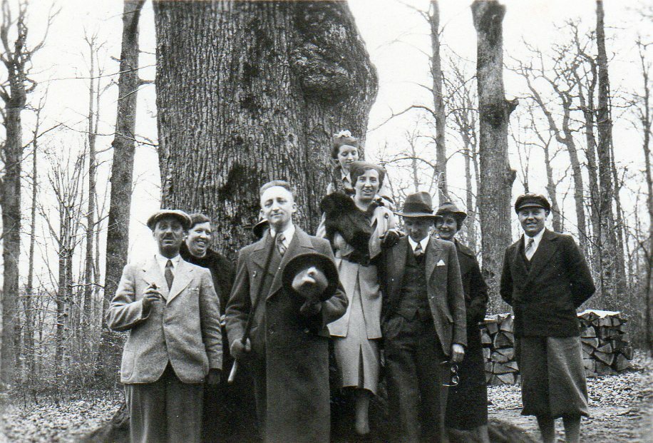 ALTES FOTO – MODE – FAMILIE – WANDERUNG IM WALD – GRUPPENFOTO VOR BAUM