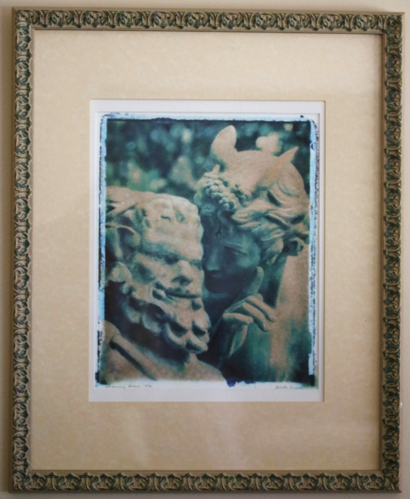 Signed L Treash Whispering Statues Framed Cyanotype Greek Statue Blue Art Photo