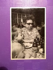 Photo old antique woman sunglasses boy bottles bottle eat old photo art