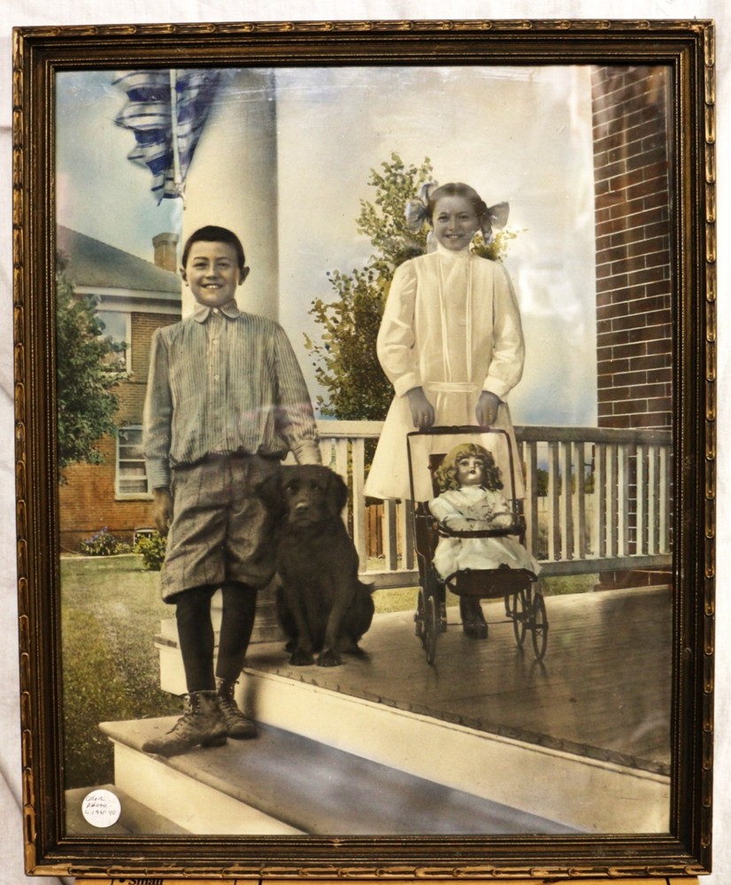 Wonderful Antique Hand-colored Photograph Boy & Girl Framed ca 1910-20 16 x 20″